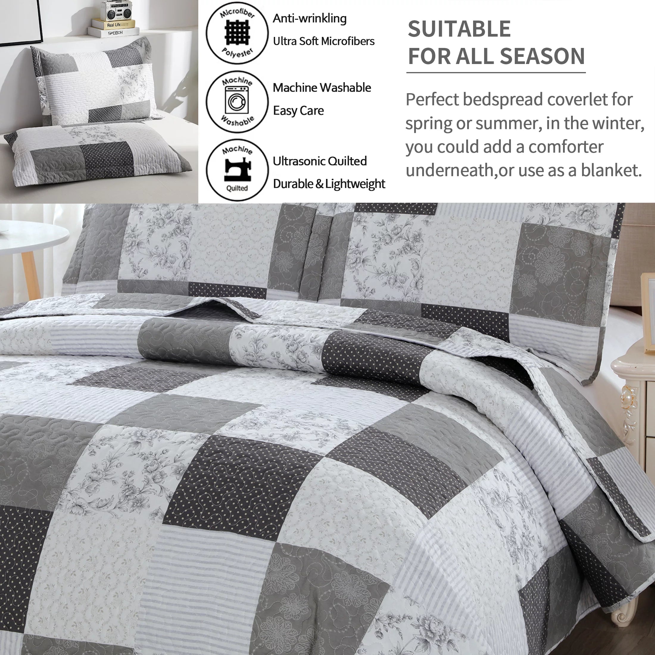 King Size Black White Grey Plaid Patchwork Quilt Microfiber Bedspread B5031