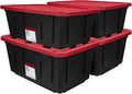 4 Pack 27 Gallon Plastic Storage Container with Snap-On Lid Black and Red Durable Organizer Bin B67149