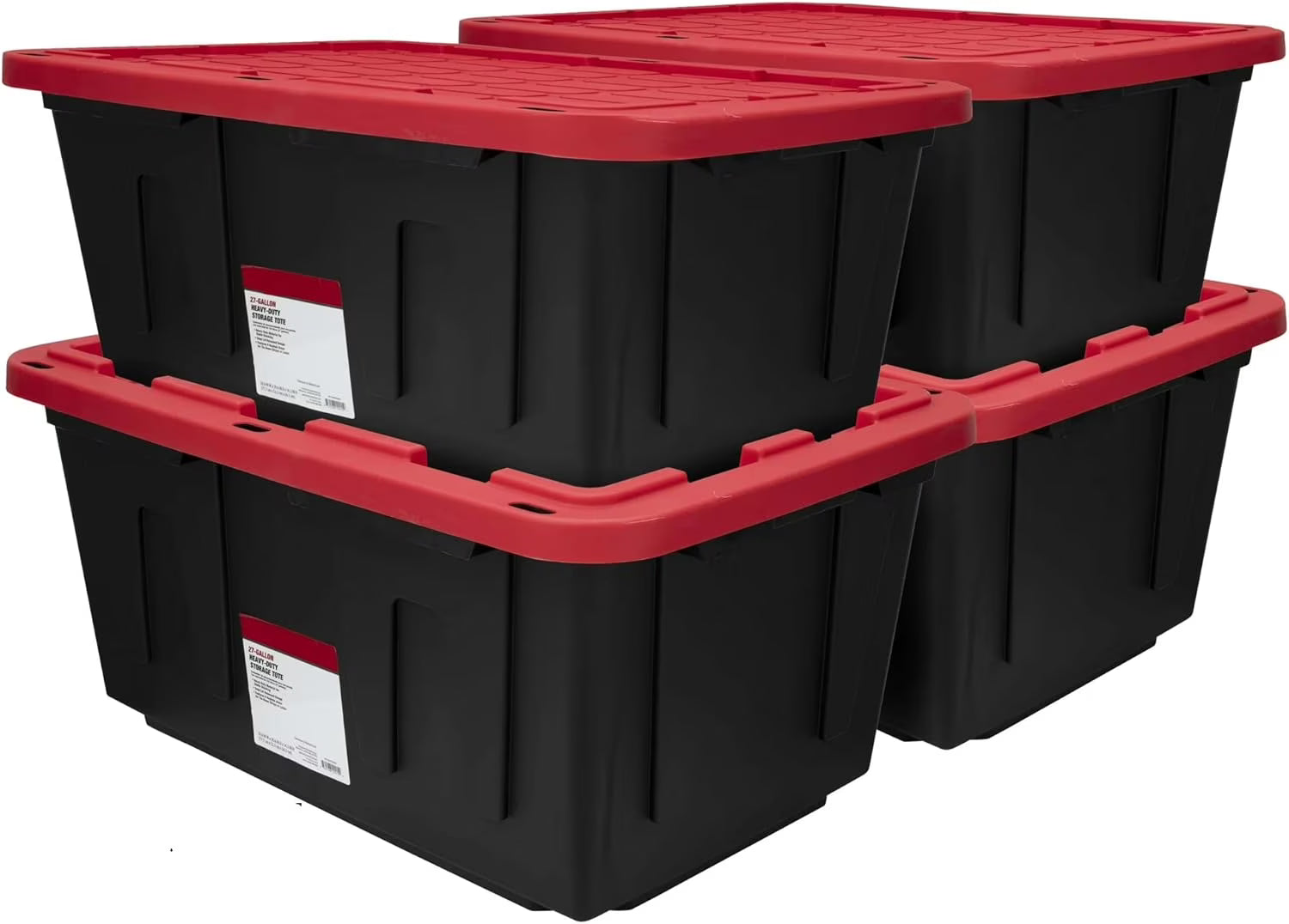 4 Pack 27 Gallon Plastic Storage Container with Snap-On Lid Black and Red Durable Organizer Bin B67149