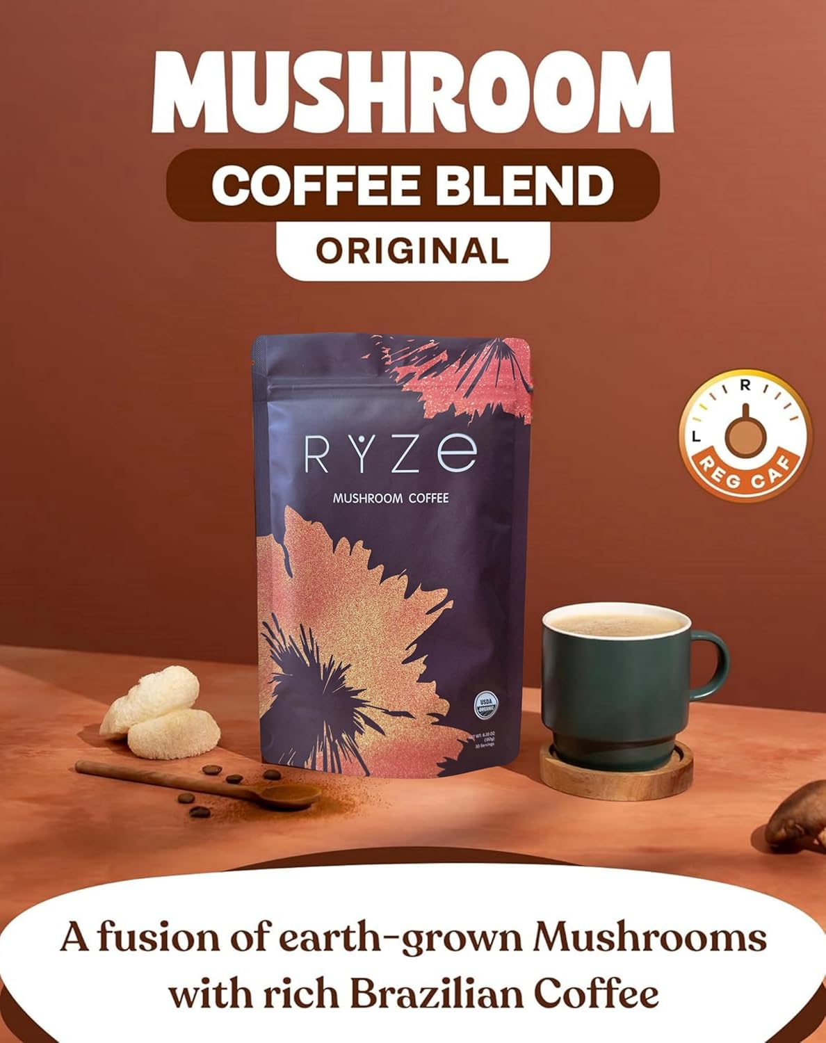 Organic Mushroom Coffee, Medium Roast, 6.35oz (180g), 30 Days Supply R7176