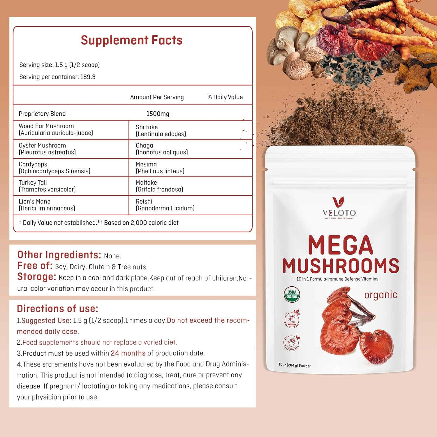 10 in 1 Organic Mushroom Extract Powder Supplement, 10oz B745812