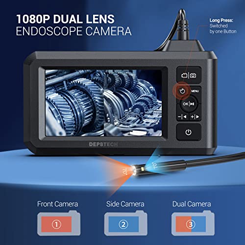 Dual Lens Industrial Endoscope, 1080P Digital Borescope Inspection Camera, 7.9mm IP67 Waterproof Sewer Camera with 4.3" LCD Screen, 7 LED Lights, 16.5FT Semi-Rigid Cable, 32GB Card-Black G300368