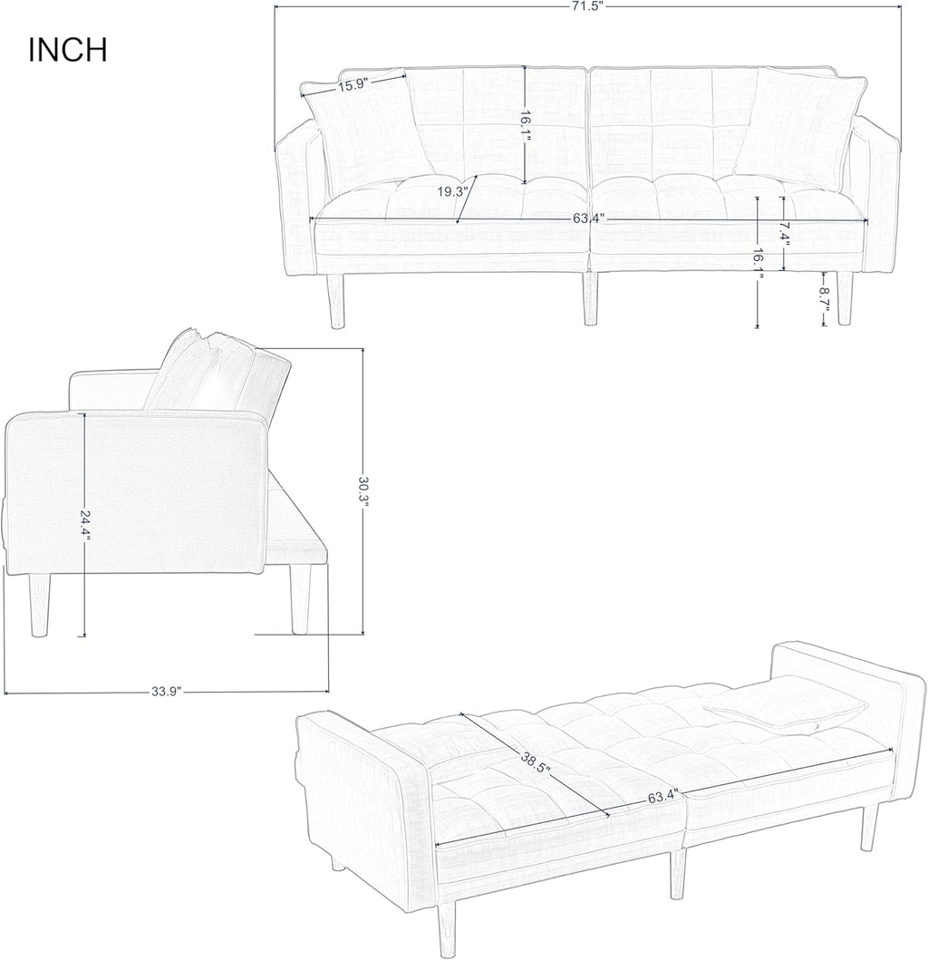 Navy Blue Tufted Fabric Futon Sofa Bed with Wooden Legs and 2 Square Pillows L9040