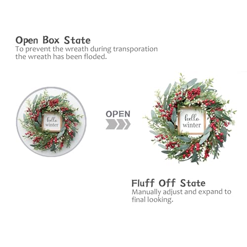 20’’ Red Berries Artificial Leaves Wreath with Hello Winter Sign J185788