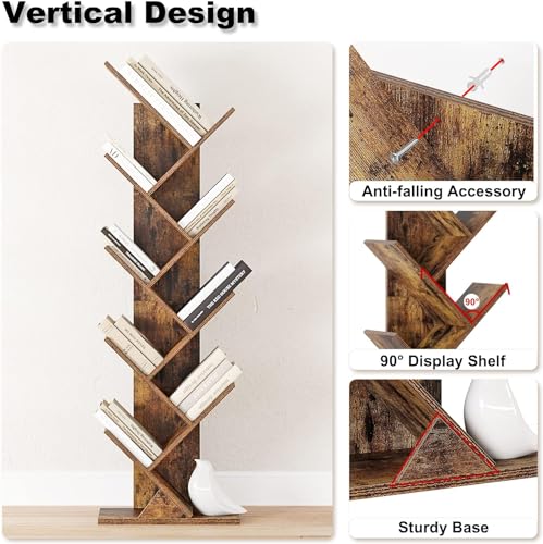 9 Tier Tree Bookshelf, Rustic Brown Wood Bookcase L43120