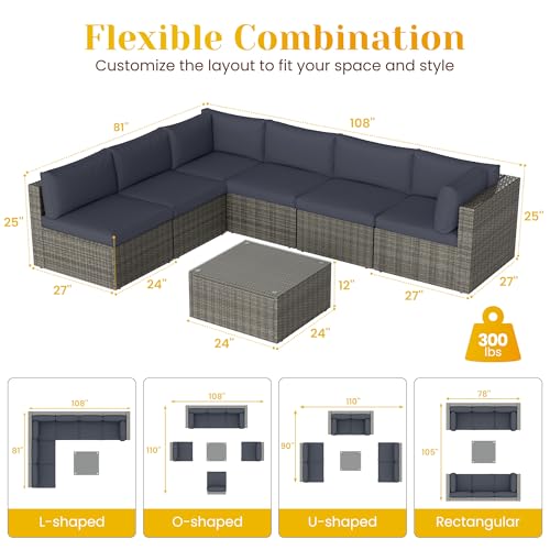 Grey 7 Pieces Outdoor Patio Furniture Set with Glass Tea Table R9906