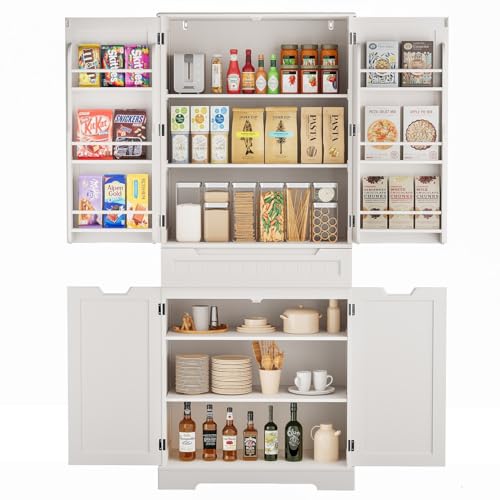 White Tall Kitchen Pantry Storage Cabinet with Doors and Shelves X9766