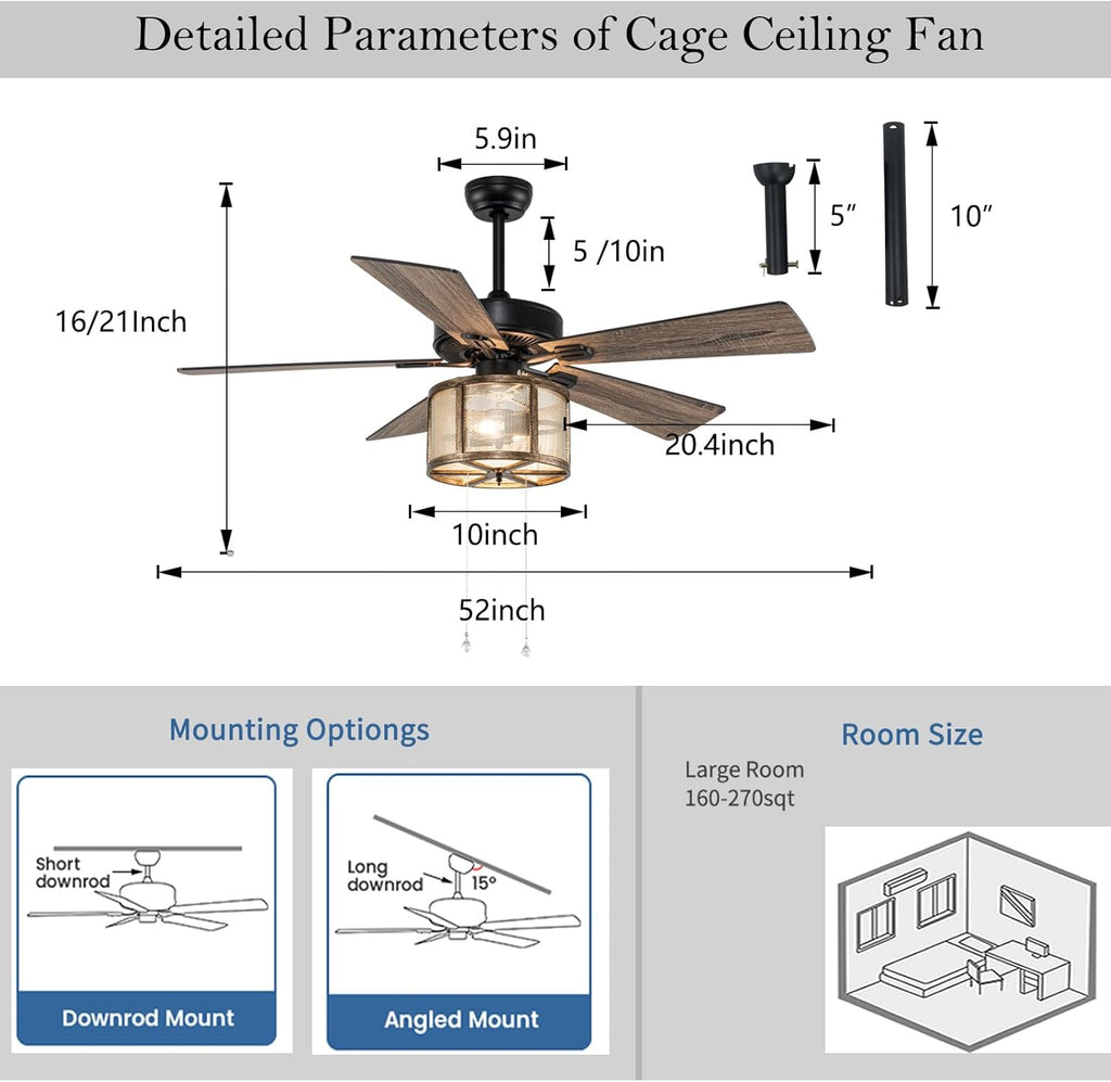 Matte Black Caged Ceiling Fan with Lights Remote Control I867