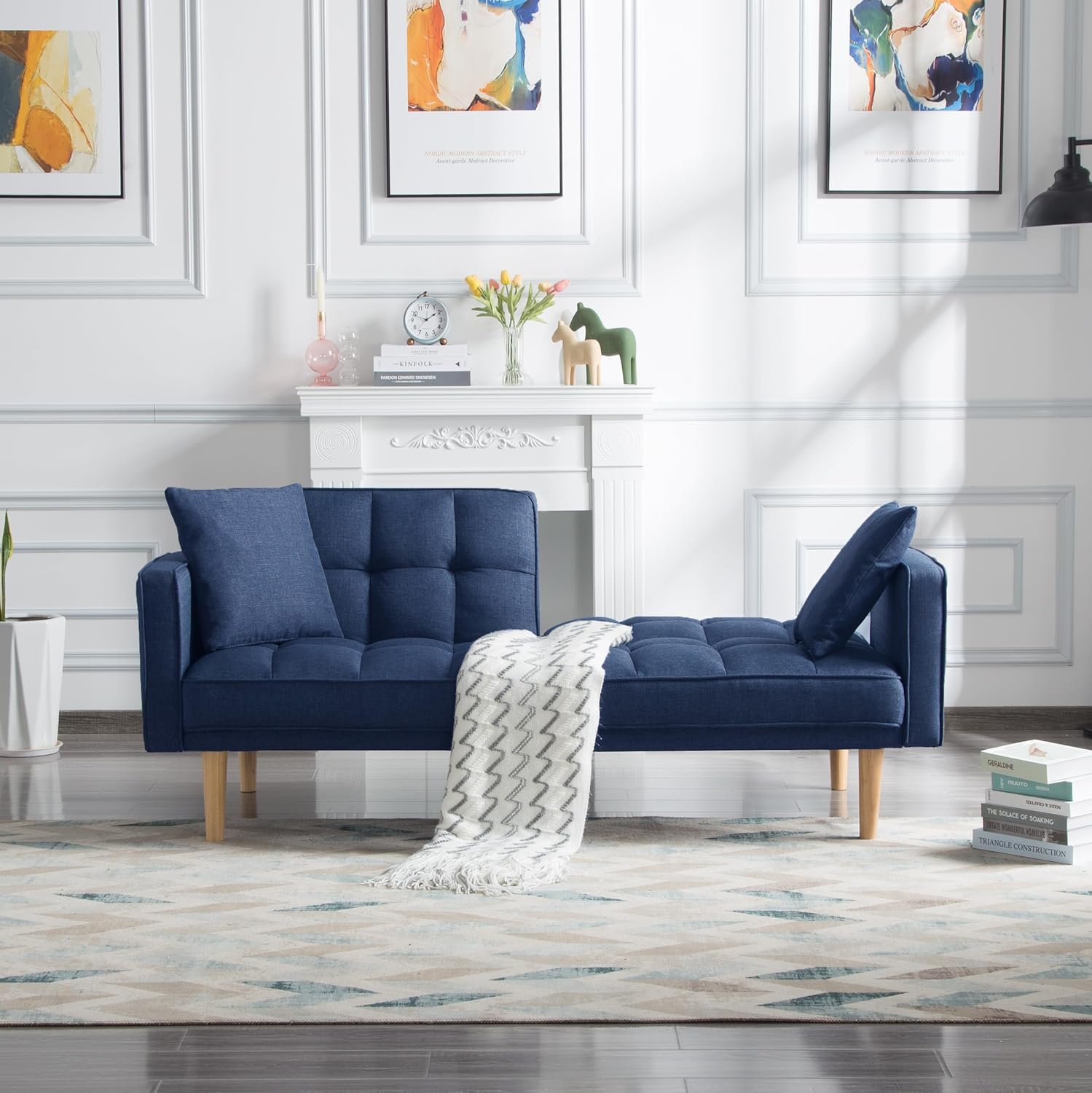 Navy Blue Tufted Fabric Futon Sofa Bed with Wooden Legs and 2 Square Pillows L9040