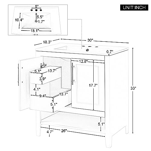 White Solid Wood Bathroom Vanity with Sink and 2 Soft Closing Doors and Drawer Y621802