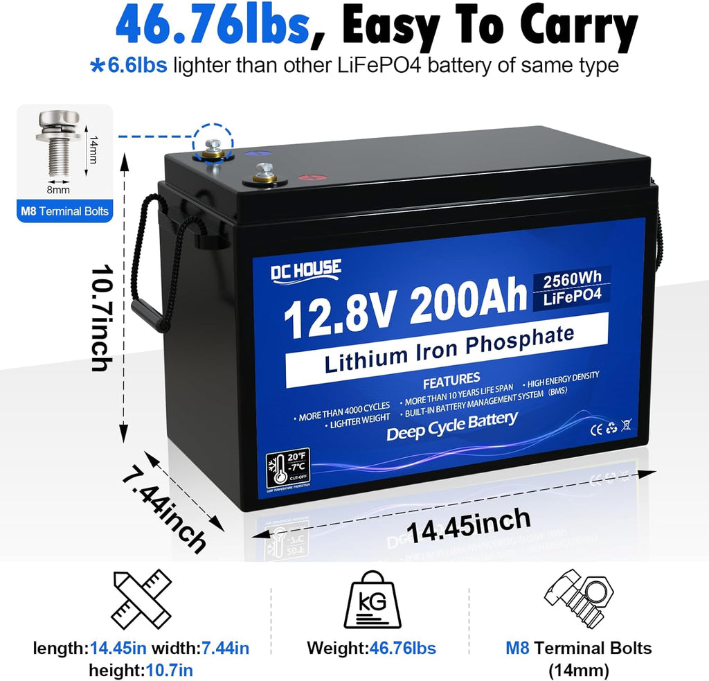 12V 200Ah Lithium LiFePO4 Deep Cycle Battery with 2560Wh Energy and 200A BMS M39735
