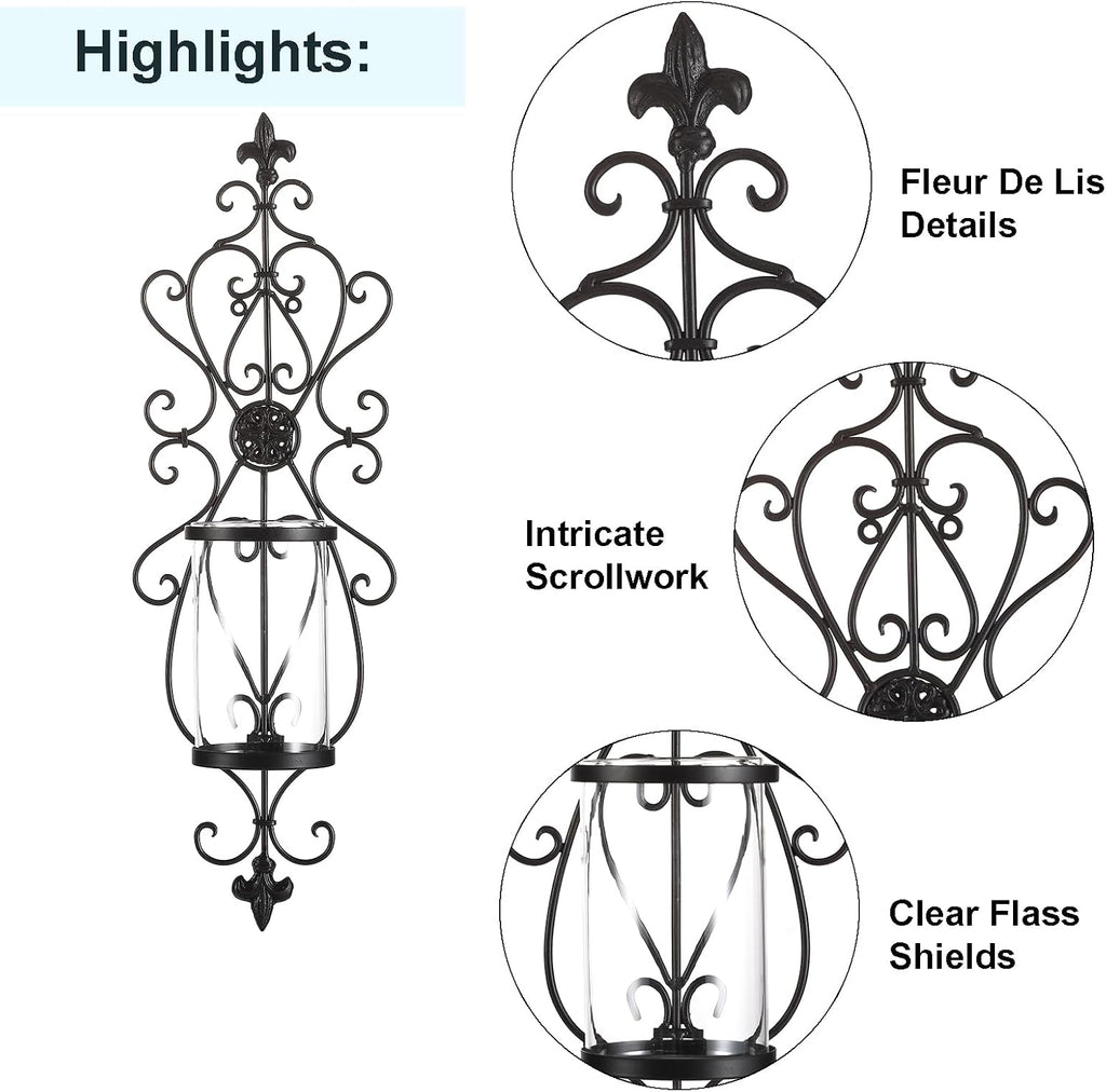 Set of 2 Antique Dark Brown Iron and Glass Wall Candle Sconces T29189