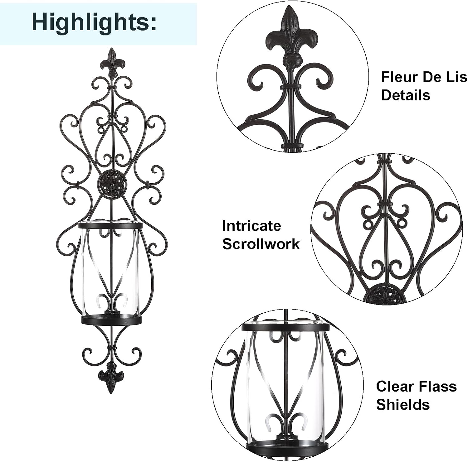 Set of 2 Antique Dark Brown Iron and Glass Wall Candle Sconces T29189