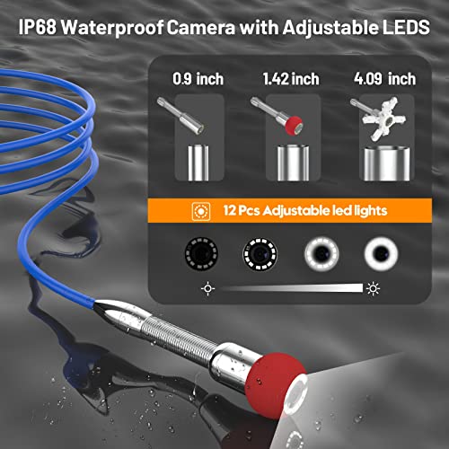 Self-Leveling Sewer Camera 100FT, 9" HD Screen Pipe Borescope Drain Inspection with 12pcs LED Light, DVR Recorder with 32GB Card, IP68 Waterproof Plumbing Cam, 7mm Cable with Depth Marker Q790515