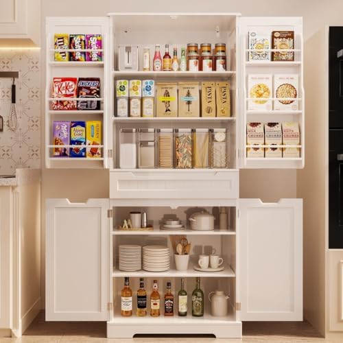 White Tall Kitchen Pantry Storage Cabinet with Doors and Shelves X9766