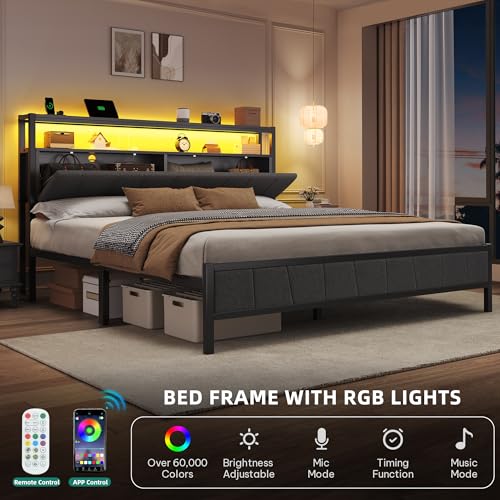 Gray Queen Upholstered Bed Frame with Storage Headboard N5466