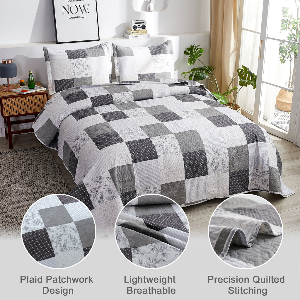 King Size Black White Grey Plaid Patchwork Quilt Microfiber Bedspread B5031
