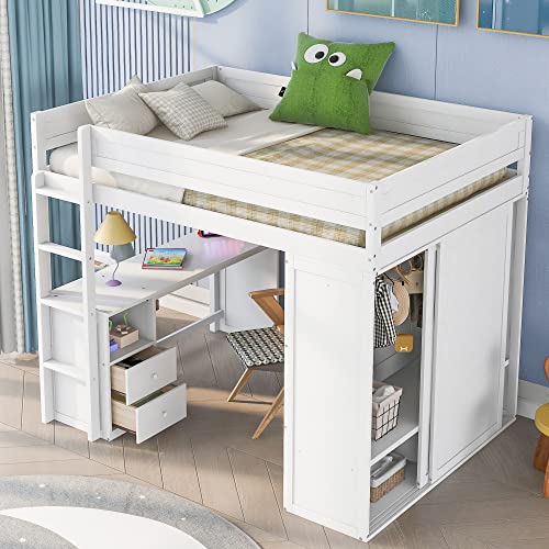 White Wooden Full Size Loft Bed with Storage Wardrobe, Desk, Drawers, Cabinet, and Ladder N275