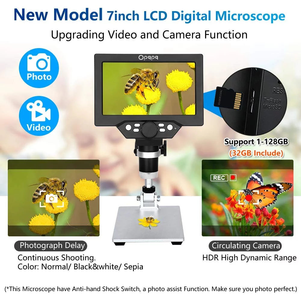 7" LCD Digital Microscope, 1200X Coin Microscope with 32GB Card, 12MP Camera, LED Fill Lights, Wired Remote O621