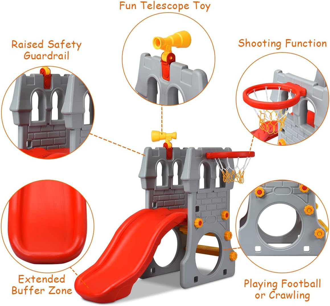 5 in 1 Toddler Slide with Basketball Hoop, Telescope, Crawl Through Space & Climbing Stairs I50449