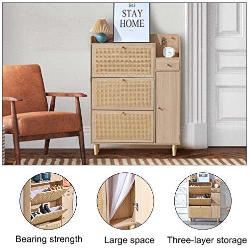 Shoe Cabinet Storage with Rattan Doors & Adjustable Shelves Y84746