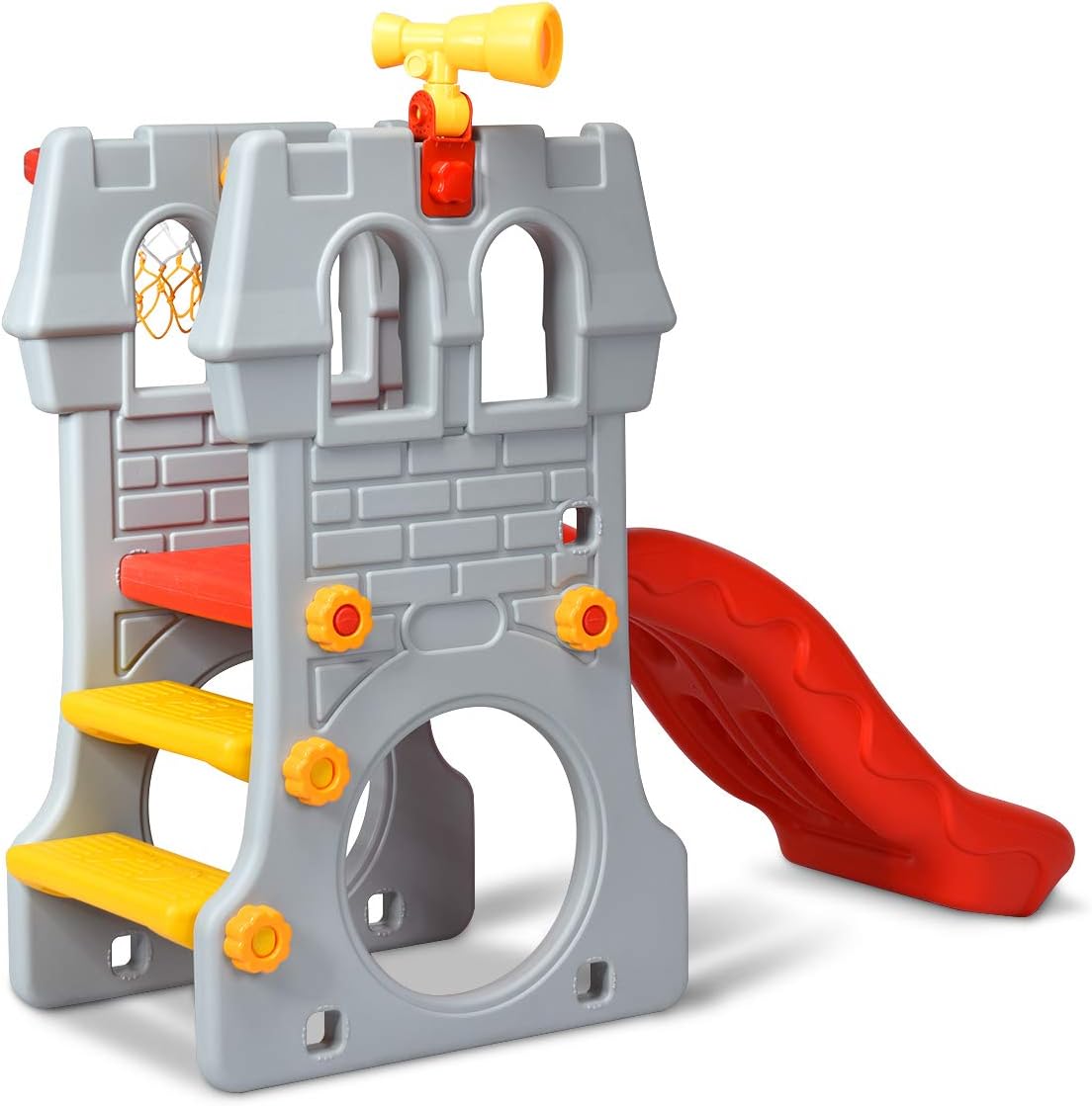 5 in 1 Toddler Slide with Basketball Hoop, Telescope, Crawl Through Space & Climbing Stairs I50449