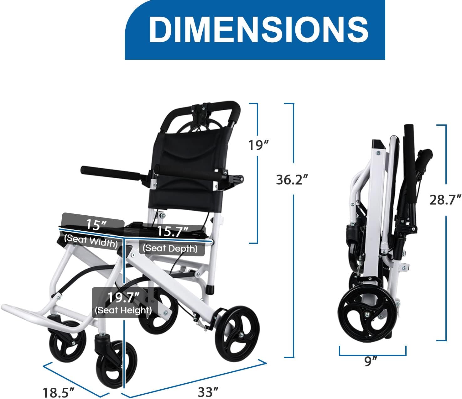 Ultra Light Folding Transport Wheelchair, 16lbs, Aluminum, Handbrakes, Support 220 Lbs Z340