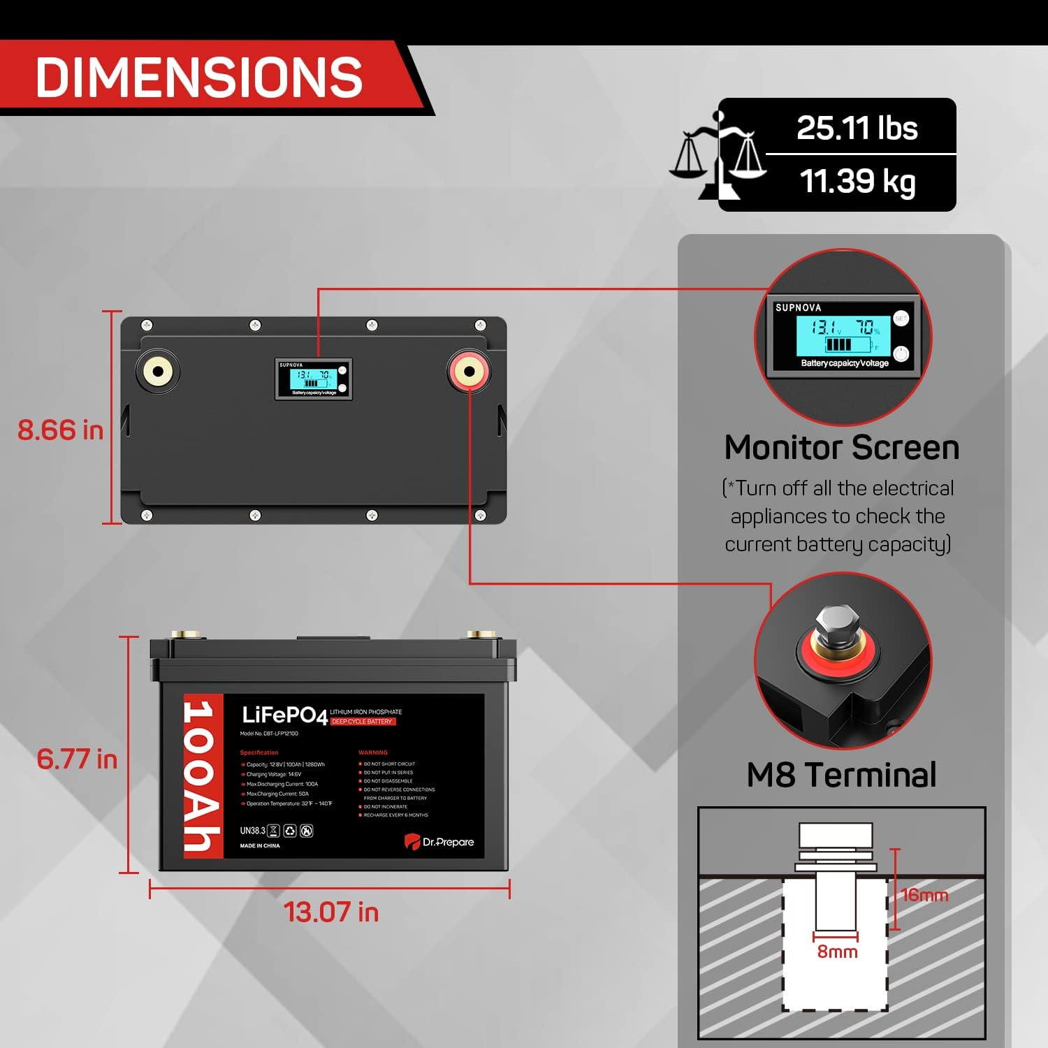 12V 100Ah LiFePO4 Lithium Deep Cycle Battery with Monitor Screen K918163
