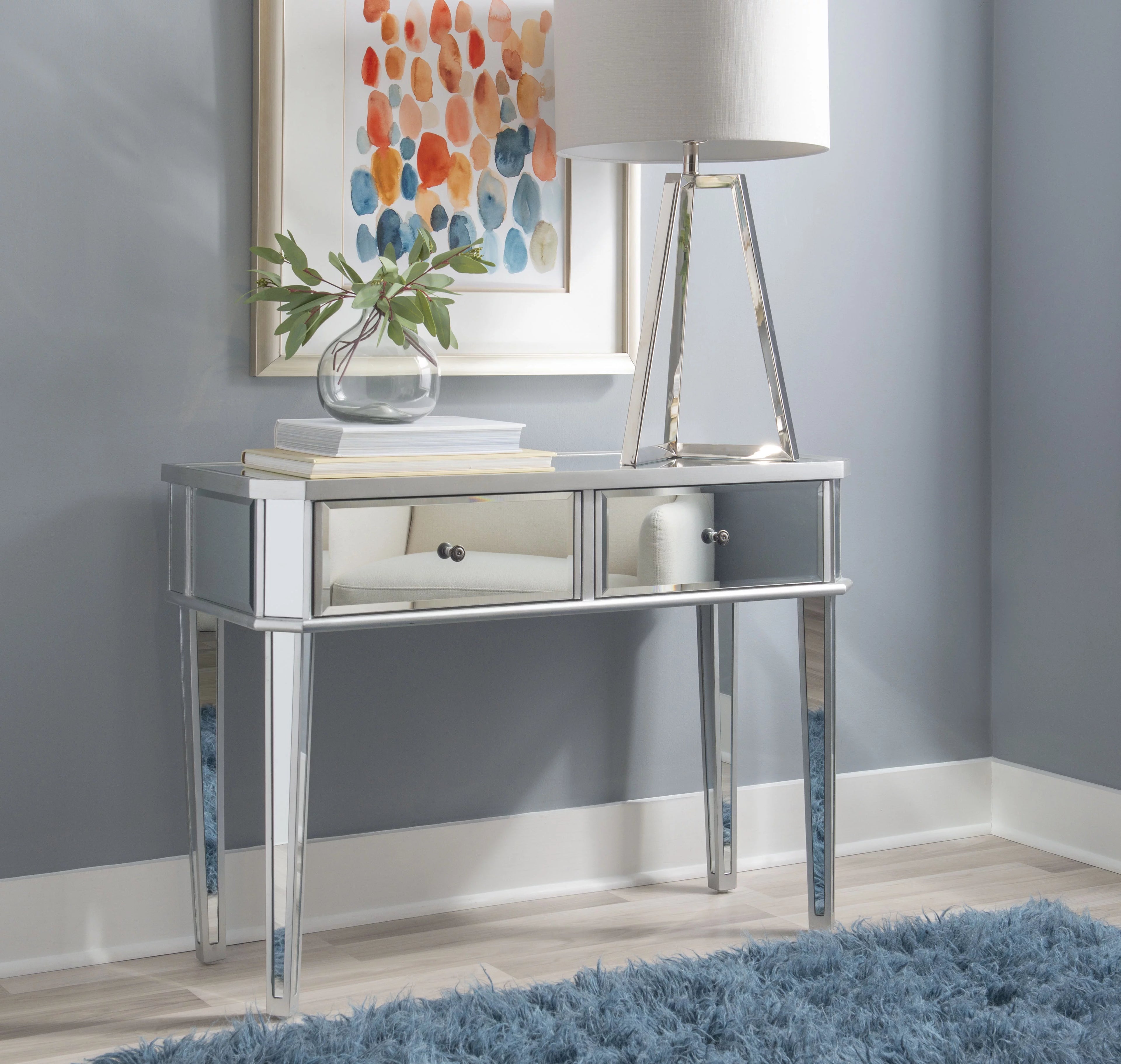 2-Drawer Console Table with Mirrored Surfaces and Silver Wood Q5289