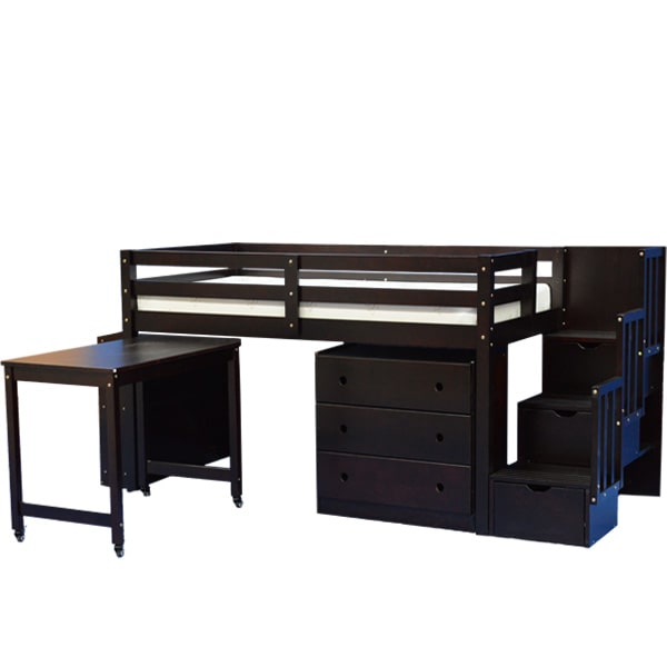 Espresso Mid Loft Bed with Desk Chest and Bookcase L20164