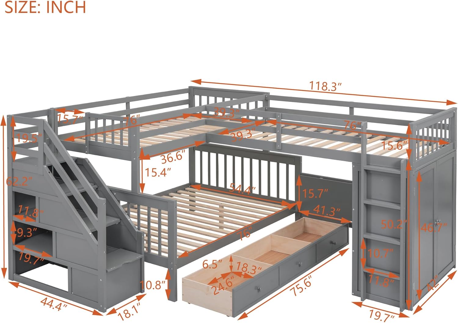 Gray Triple Bunk Bed with Stairs Storage and 3 Drawers H603942