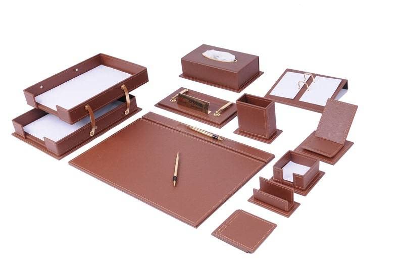 14 PCS Brown Bonded Leather Desk Organizer Set Y737106