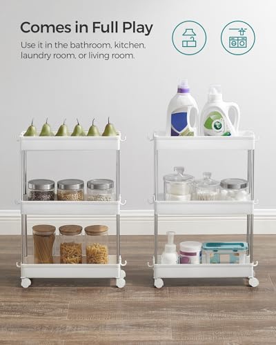 3-Tier Rolling Storage Cart with 6 Hooks, Steel Frame, Dove Gray A504