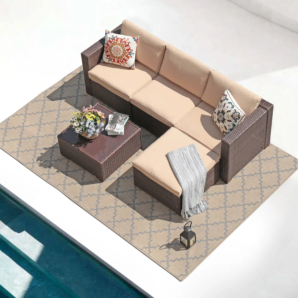 5-Piece Patio Furniture Set, Brown PE Wicker with Beige Cushions O9828