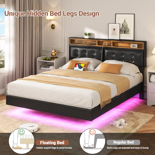 California King Floating Bed Frame with LED Lights, Headboard and Charging Station, Faux Leather Black V3651