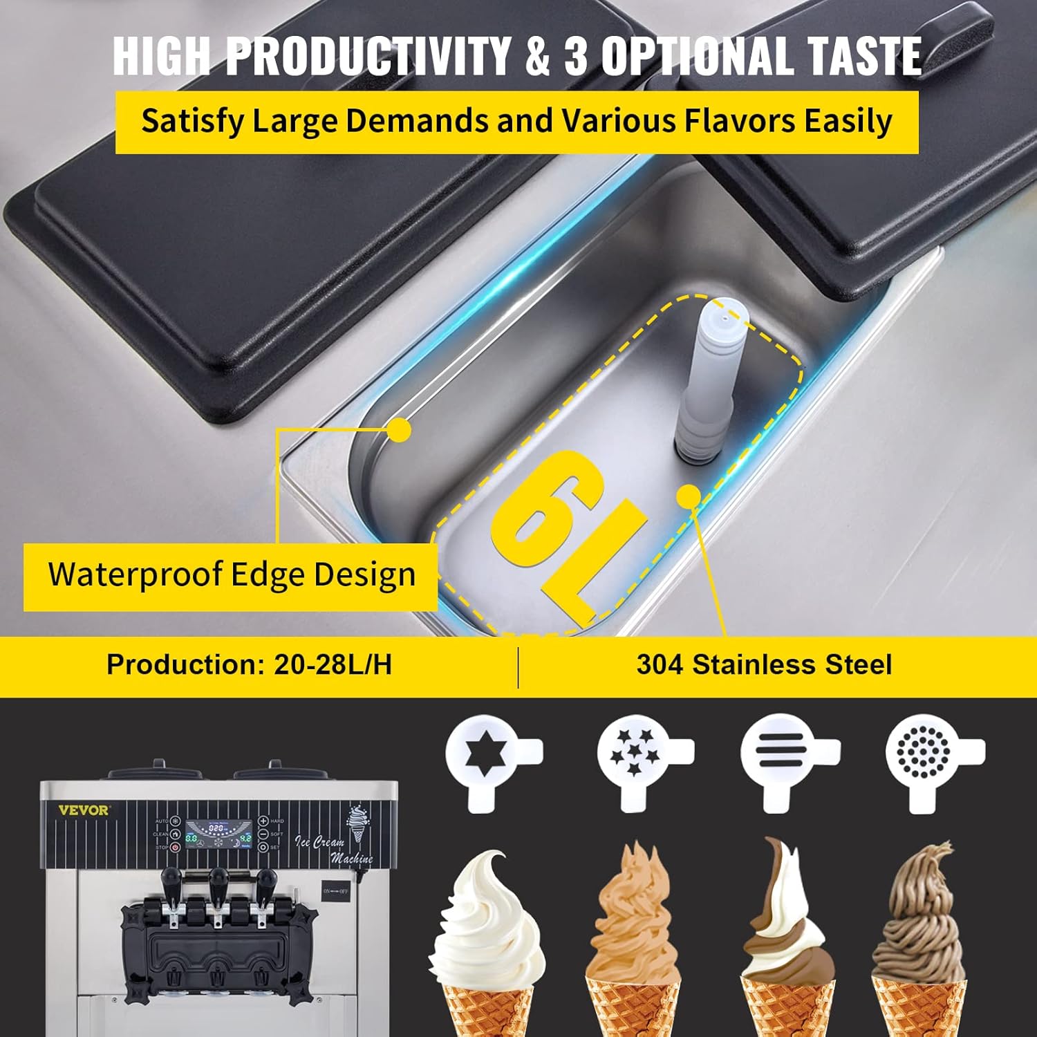 Silver Commercial Ice Cream Machine 5.3 to 7.4Gal per Hour 3 Flavors 2200W P897