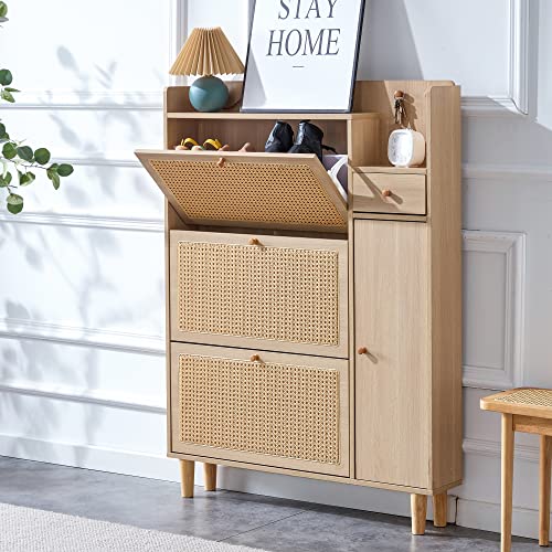 Shoe Cabinet Storage with Rattan Doors & Adjustable Shelves Y84746