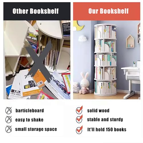 5 Tier White Solid Wood Rotating Bookshelf I782