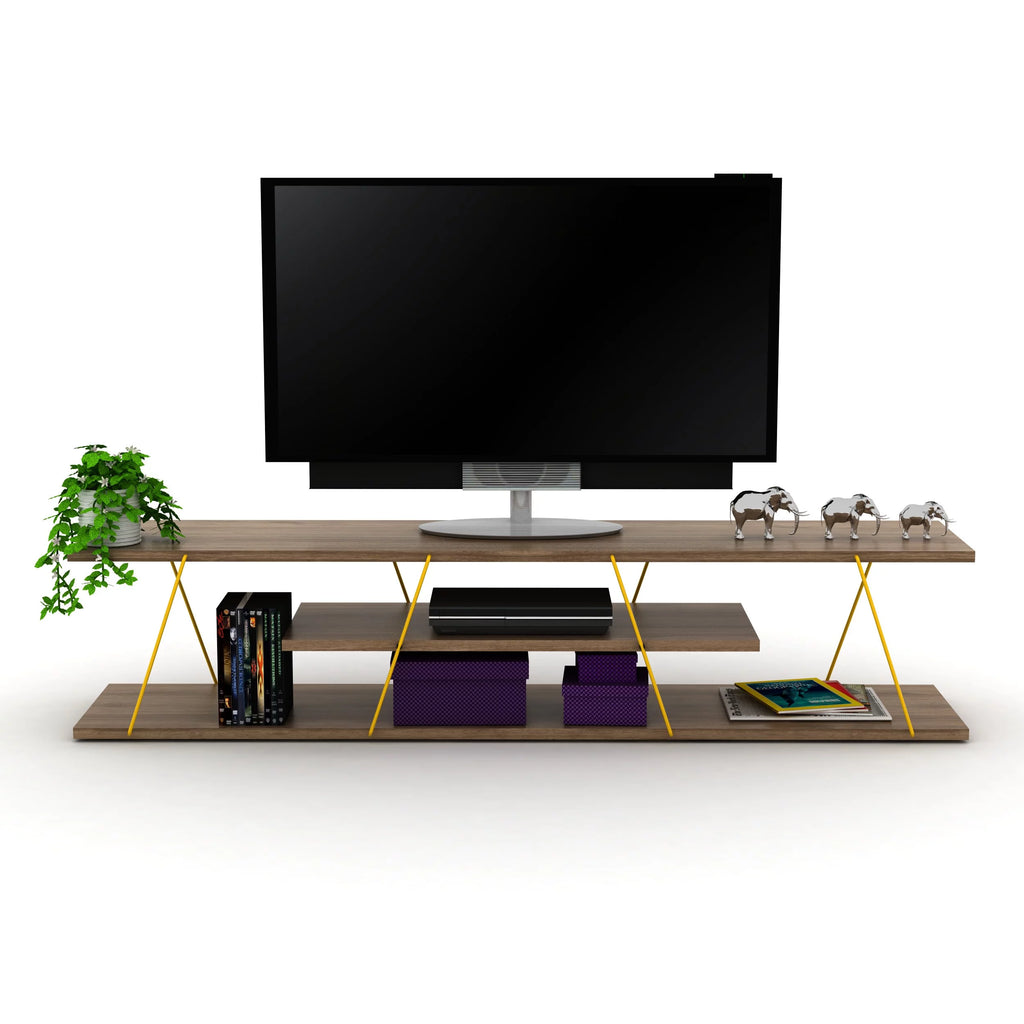 Walnut Yellow 56 inch Low Tv Stand with 4 Shelves H59708