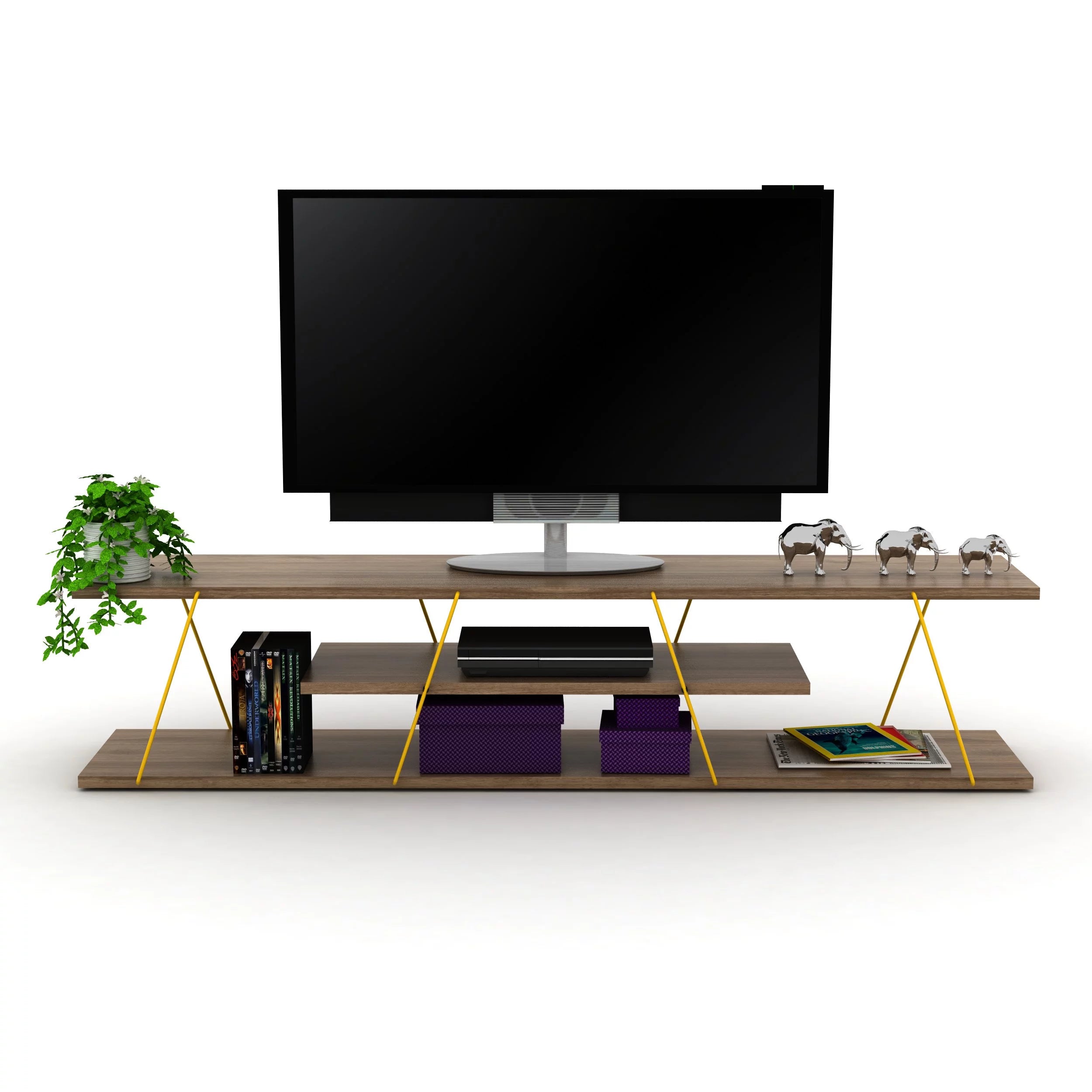 Walnut Yellow 56 inch Low Tv Stand with 4 Shelves H59708