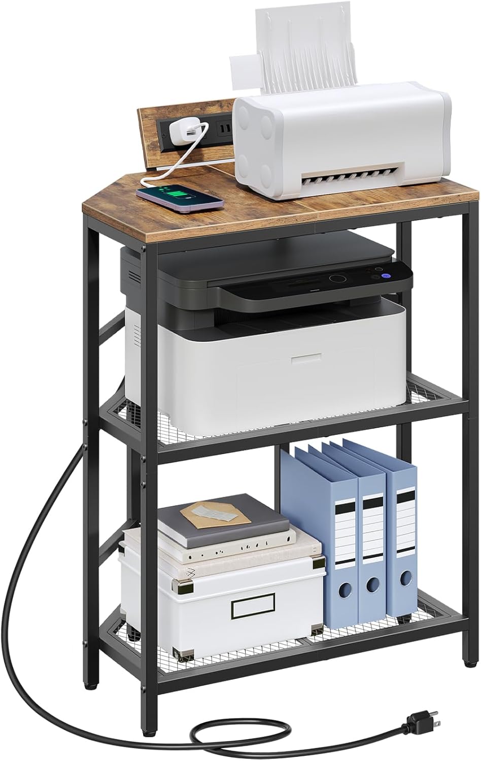 Rustic Brown 3-Tier Metal Frame Printer Stand with Storage Shelf P4234