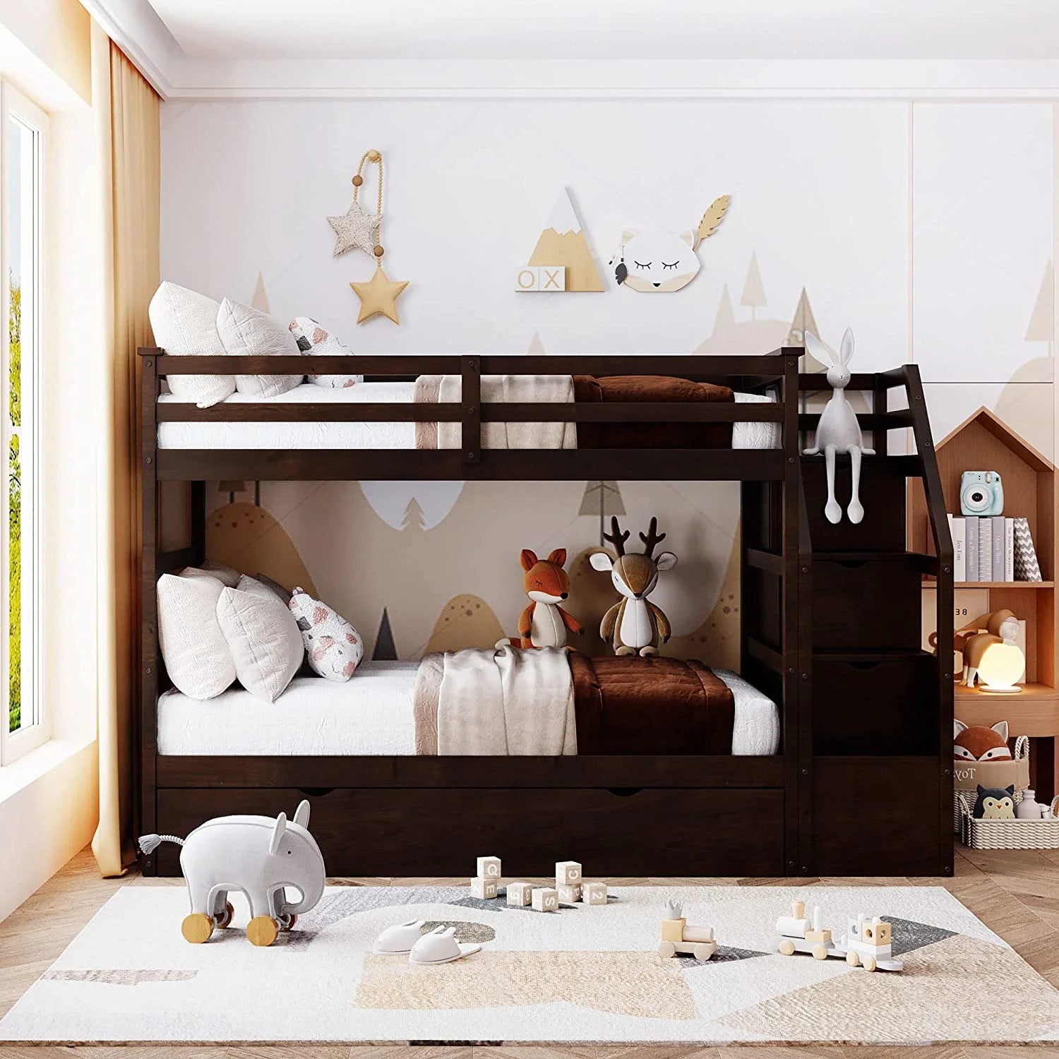 Espresso Wooden Over Bunk Bed with Trundle and 3 Storage Stairs F82653