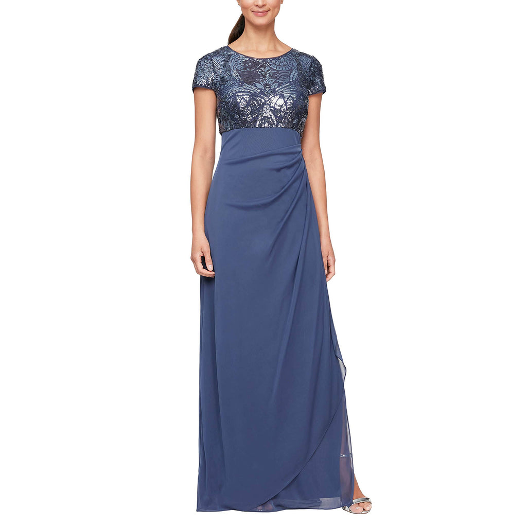 Cap Sleeve Stretch Sequin Side Ruffle Gown Z6770