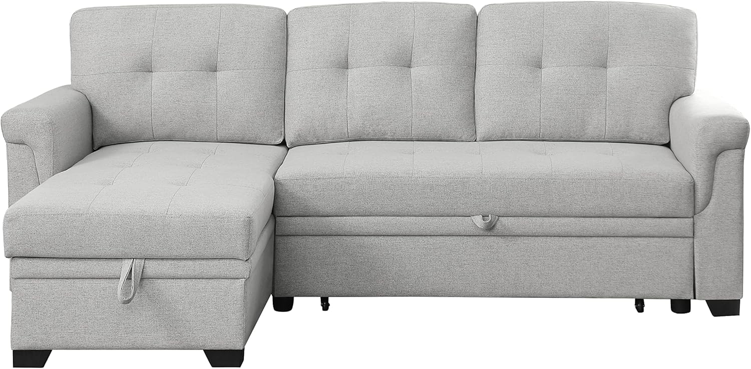 L-Shaped Linen Tufted Reversible Sleeper Sectional Sofa with Pull Out Sleep Couch Bed, Light Gray X8069