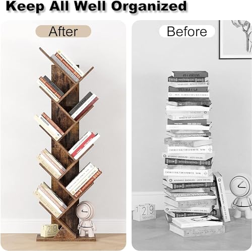 9 Tier Tree Bookshelf, Rustic Brown Wood Bookcase L43120