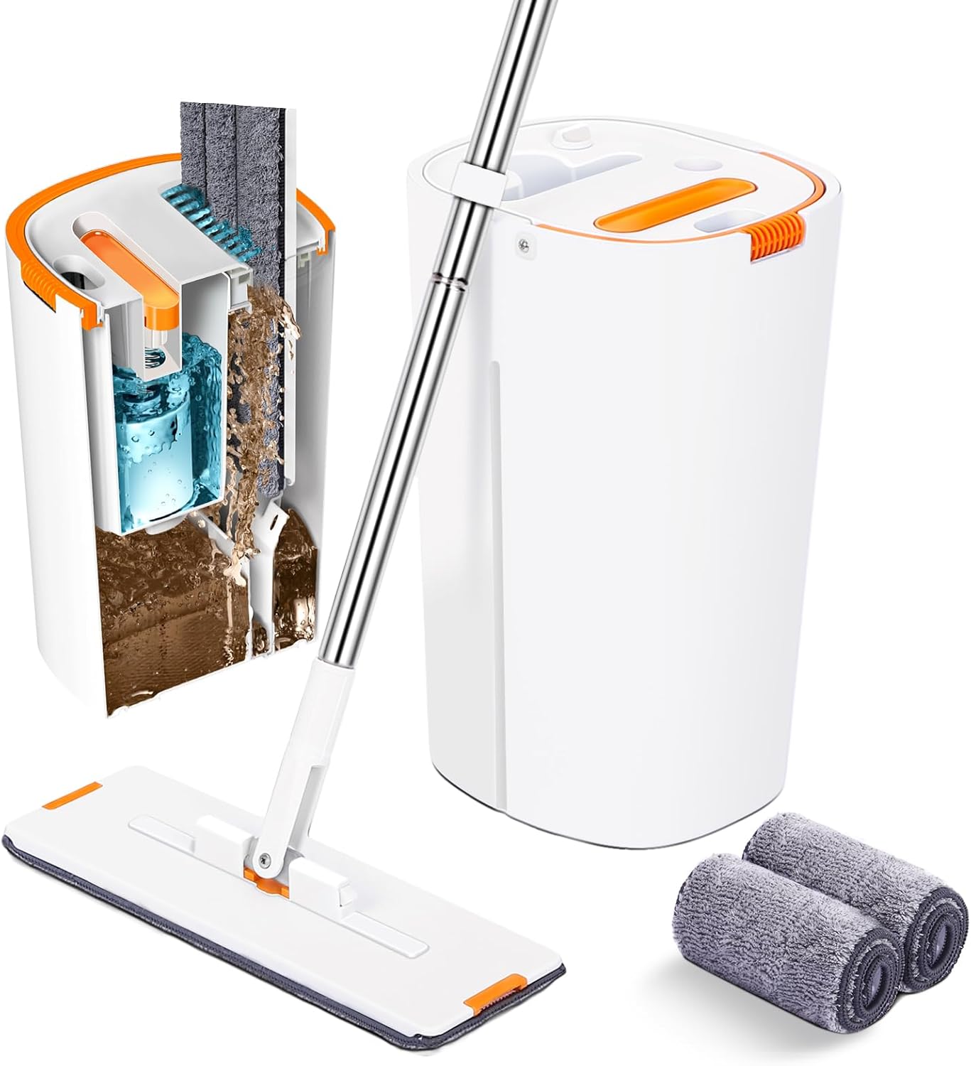 Mop and Bucket with Wringer Set with 2 Reusable Microfiber Mop Pads T727