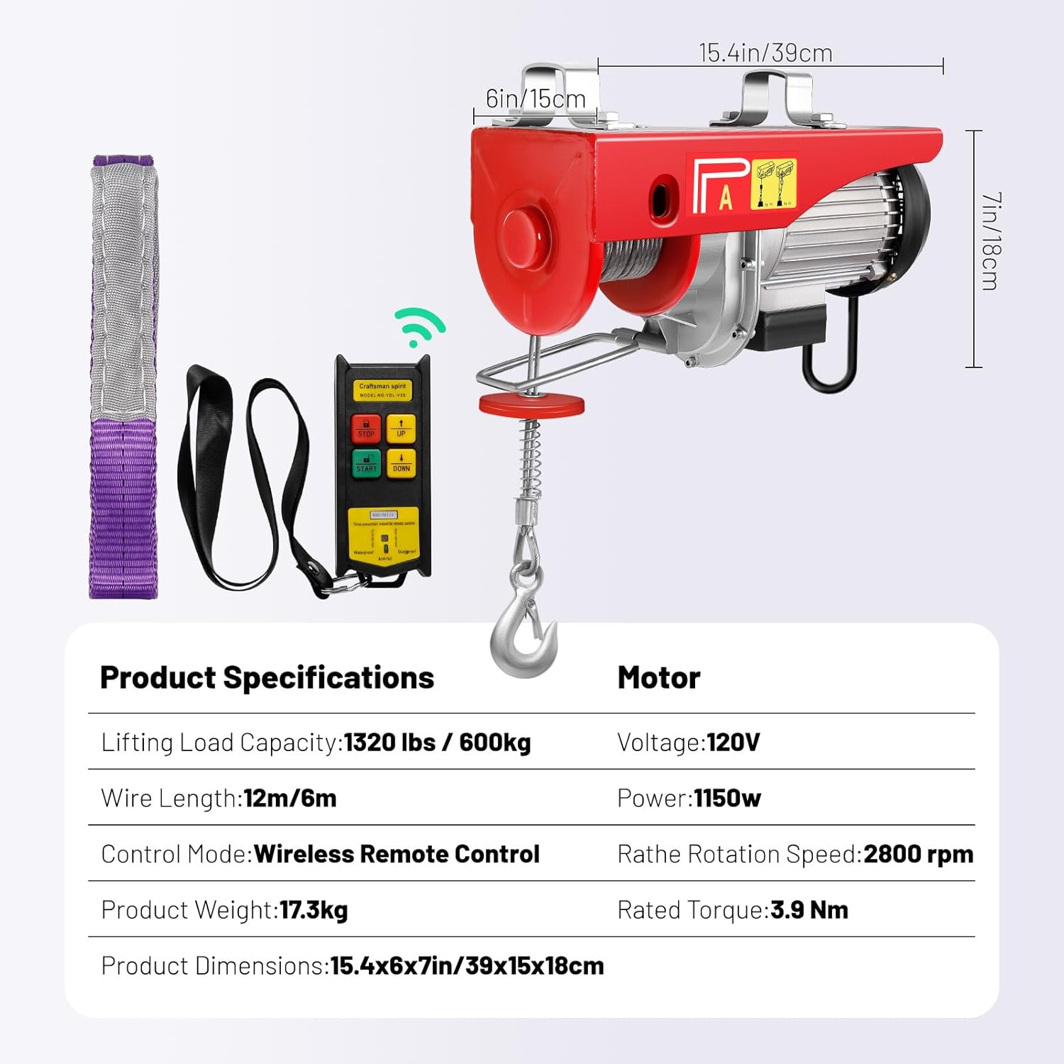 1320LBS Electric Hoist with Wireless Remote Control F412