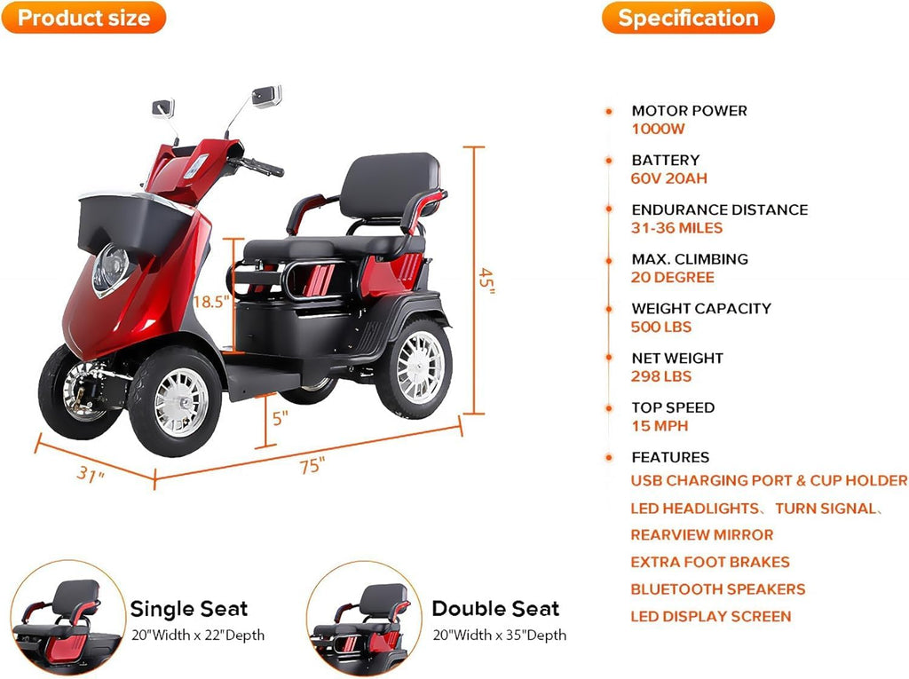 Red 4 Wheel Mobility Scooter 500lbs Capacity N574019