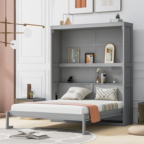 Queen Size Gray Wooden Murphy Bed with Storage Shelves N65414