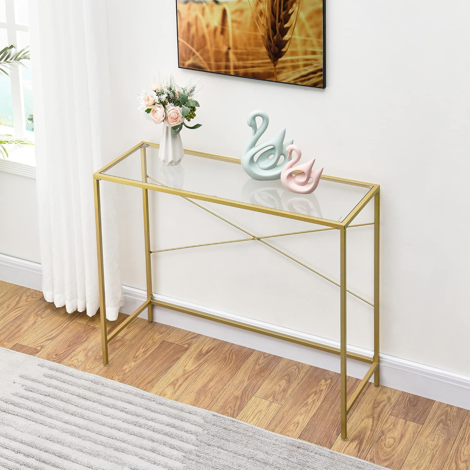 Gold 39.37" Tempered Glass Top Narrow Console Table with Metal Frame Y375194